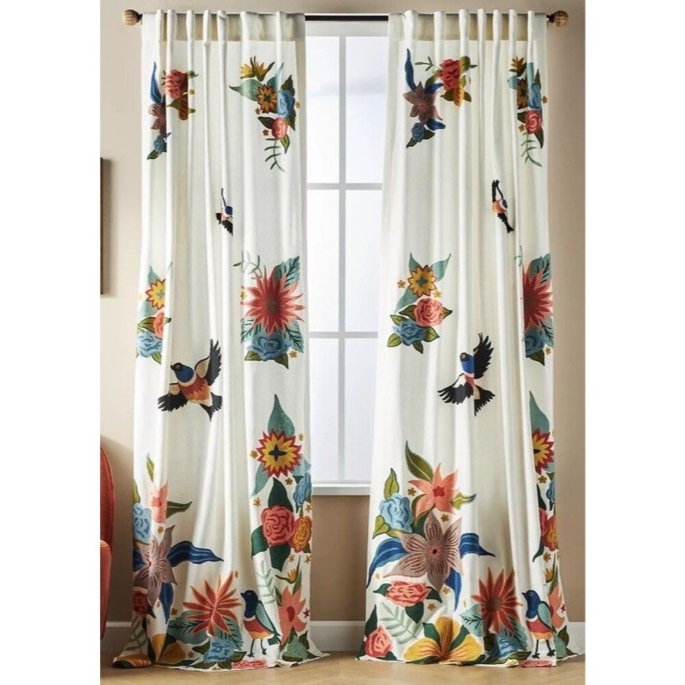 TWO Anthropologie Soaring Starling Cotton Crewel Embroidered Bird Curtain 50x96"